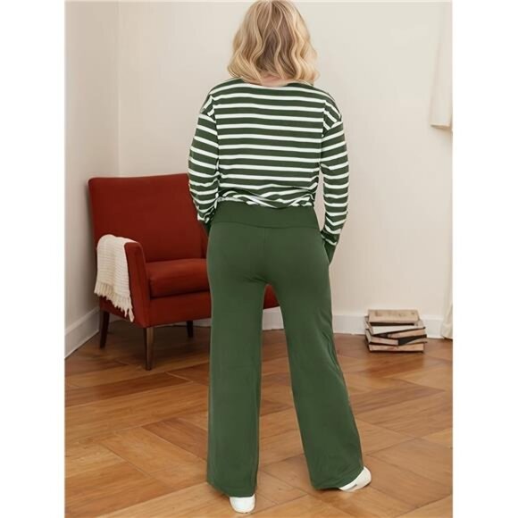 NEW -  Green  Women'S Knit Sweater Set - Pullover Striped Top With Long Pants - Picture 2 of 7